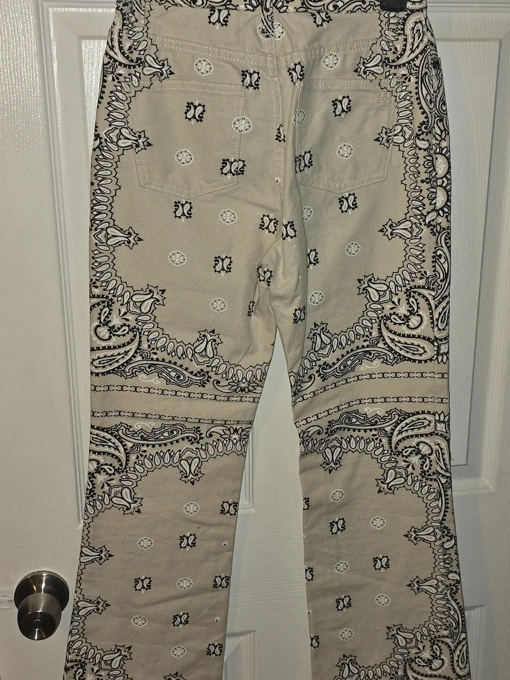 Tory Burch Cream and Black Bandana-Print Boot Cut Jeans